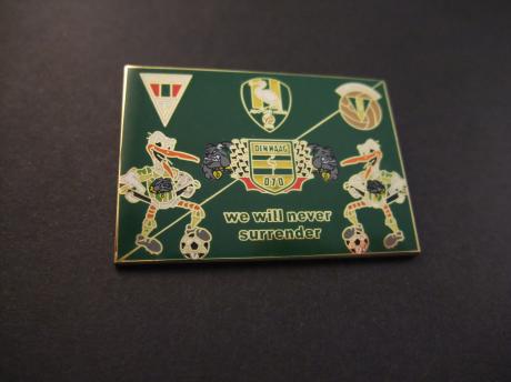 We will never surrender ADO Den Haag 3 verschillende logo's  en mascotte Storky ( Haagsche ooievaar) groen
